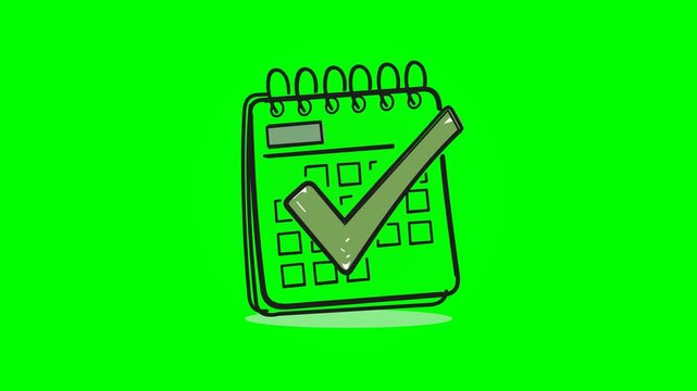 Cinematic 4K flat sketch vector animation of a spiral-bound calendar schedule receiving a bold green checkmark stamp of approval, featuring tactile no.