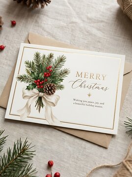 Elegant christmas greeting card with a festive pine and holly bouquet illustration, gold foil accents, and a warm holiday message on a rustic background