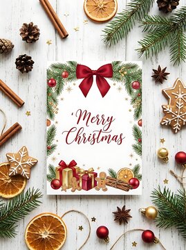 Christmas greeting card with gingerbread cookies, gifts, pine branches, and ornaments on a rustic white wooden background
