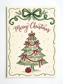 Hand drawn christmas greeting card with a decorated pine tree, red bows, and a gift box, isolated on white background
