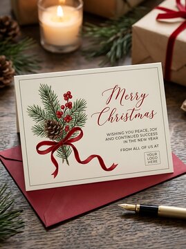 Christmas greeting card mockup with pine branches, berries, and a red ribbon on a wooden table with a fountain pen and envelope