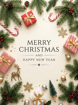 Christmas and new year greeting card with gift boxes, fir branches, ornaments, and decorations on a light beige background