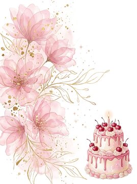 Watercolor pink flowers with gold glitter and a twotier birthday cake with cherries isolated on white background