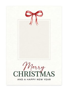 Christmas card template with a red bow and photo frame, merry christmas and a happy new year text, isolated on white background