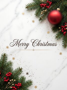 Merry christmas greeting card with red ornament, fir branches, and gold snowflakes on a white marble background