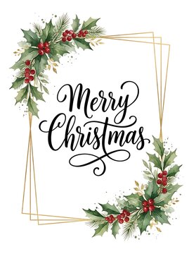 Merry christmas greeting card with watercolor holly leaves, red berries, and gold geometric frame isolated on white background