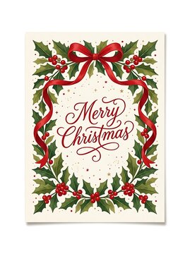Christmas greeting card design with a festive holly wreath frame, red ribbon bow, and elegant merry christmas calligraphy isolated on white background