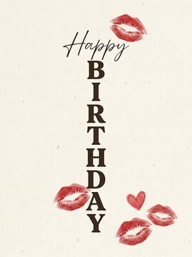 Happy birthday greeting card design with red lipstick kiss marks and a small heart on a textured offwhite background