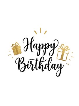 Happy birthday calligraphy text with golden gift boxes isolated on white background