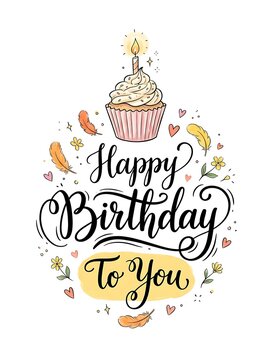 Happy birthday greeting card design with a cute cupcake, feathers, flowers, and hearts, isolated on white background