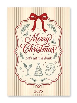 Merry christmas 2025 greeting card design with festive illustrations of santa claus, a decorated pine tree, and a cocktail glass on striped background