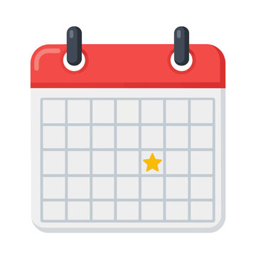 Calendar with Yellow Star Event Marker Flat Vector Icon Isolated on White Background