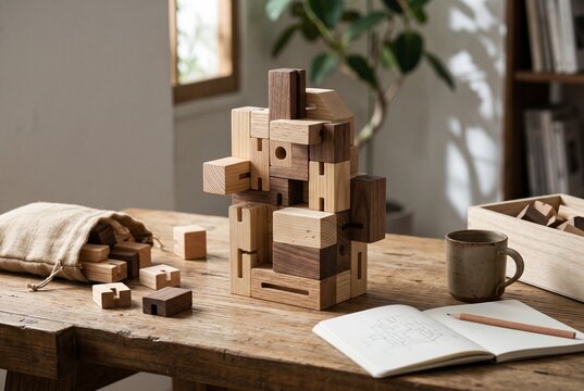 Wooden interlocking blocks forming an abstract tabletop sculpture