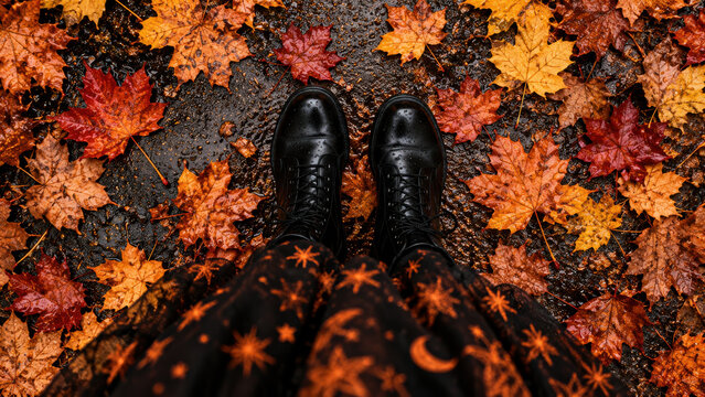 Black leather boots on wet autumn maple leaves, celestial moon and star skirt, overhead view. Witchy autumn fashion, rainy October walk and Halloween season