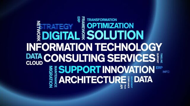 information technology consulting services animated word cloud-animation tag kinetic typography seamless loop.