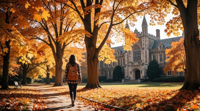Young female student walks with backpack through university campus in autumn. Golden maple trees line path near old collegiate building. Peaceful fall season scene with orange leaves on ground during