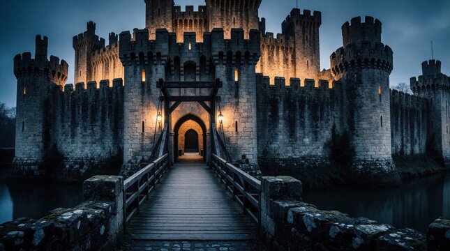 Massive stone castle with high walls, turrets sits above water moat. Wooden drawbridge leads to main entrance gate. Warm lights glow from windows at night. Ancient fortress architecture stands strong