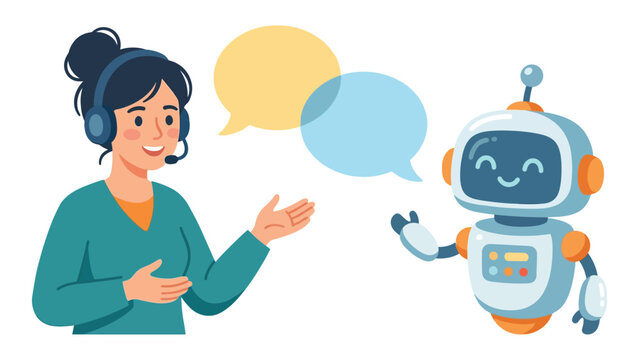 Support agent talking to a robot with speech bubbles