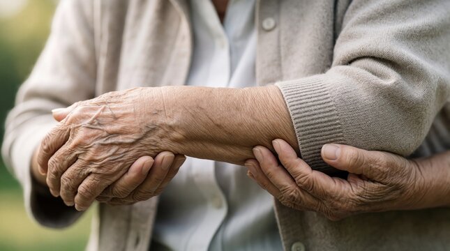 Senior woman holds painful elbow, wrist with wrinkled hands. Elderly female suffers from joint inflammation, arthritis tendonitis. Chronic pain in arm, joint discomfort affect aging person. Medical