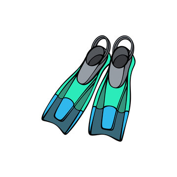 Pair of blue and green diving flippers vector illustration for scuba diving snorkeling watersports equipment isolated on transparent background
