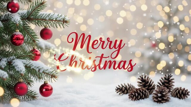 Merry Christmas pine branch red bauble bokeh background motion graphic loop animation
