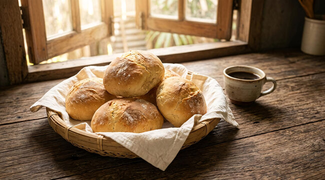 Rustic Breakfast Scene with Fresh Homemade Bread Rolls in Woven Basket and Black Coffee Beside Sunlit Wooden Window