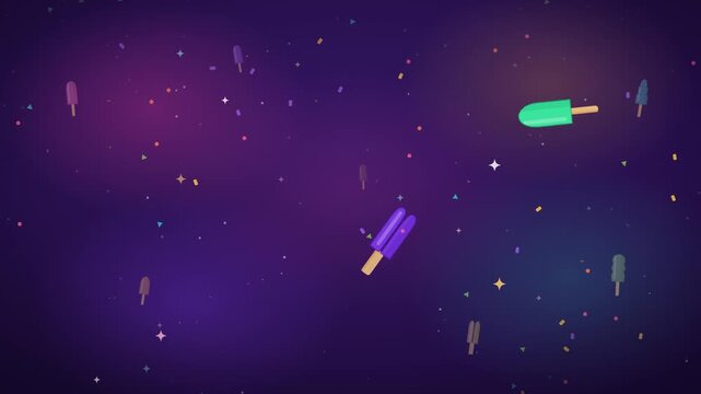 Rainbow popsicles falling and spinning with dense confetti on a dark purple carnival background, seamless loop