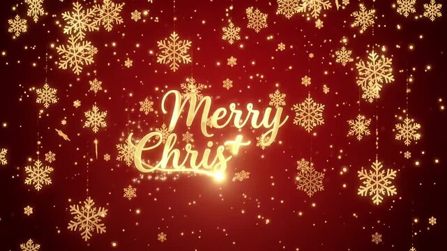 Merry Christmas golden snowflake hanging red background motion graphic loop
