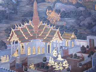 Traditional Thai mural painting depicting ancient royal palace and figures in golden robes © wannasak