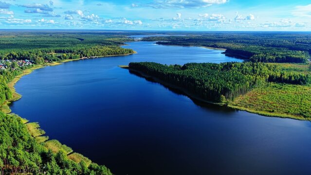 Aerial view of a winding river surrounded by lush green forests under a clear blue sky