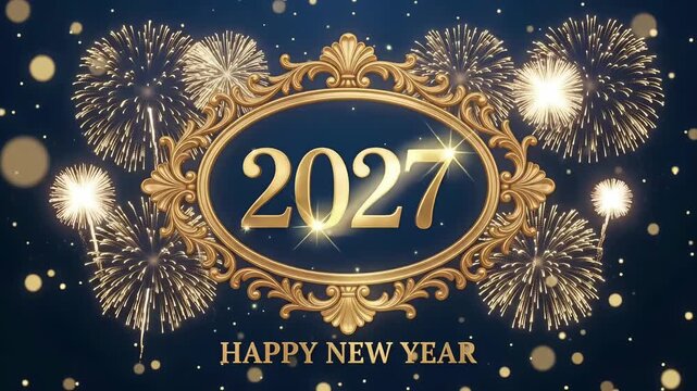 2027 happy new year gold frame fireworks background motion graphic seamless loop animation
