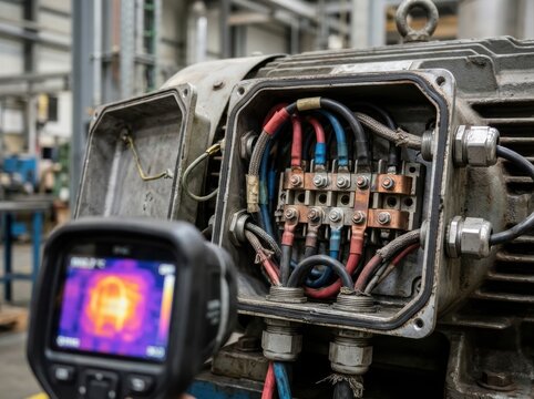 industrial motor thermal inspection Industrial motor with exposed wiring and a thermal imaging device in use