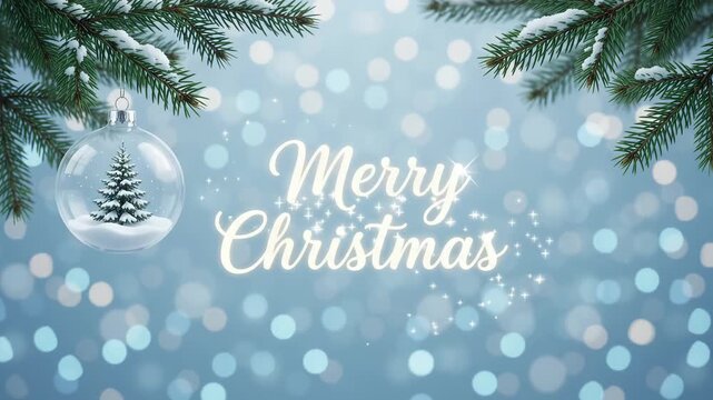 Merry Christmas glass bauble pine branch blue bokeh background motion graphic seamless loop animation
