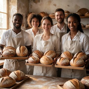 Diverse group of smiling pro bakers hold wooden trays with fresh sourdough bread. Happy staff members in white aprons showcase artisanal loaves in cozy local bakery. Small business team celebrates