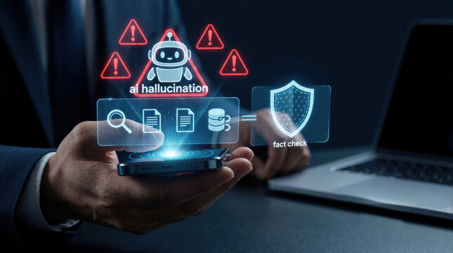 Businessman uses smartphone to verify AI hallucination via digital trust framework. Virtual interface shows automated evidence review, fact check system. Man manages algorithm risk, data accuracy
