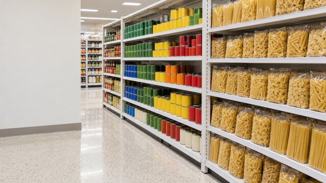 Pasta and canned goods stocked on supermarket shelves under indoor lighting