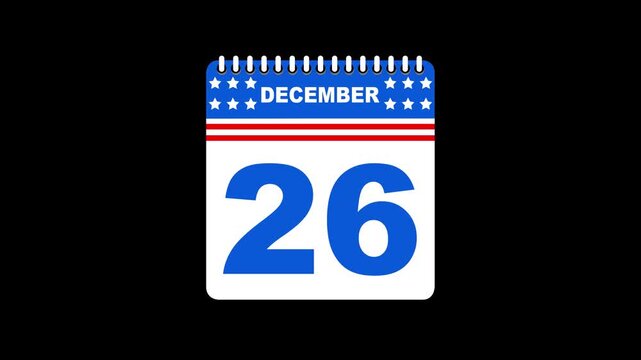 December month 26 date Calendar animation on black background. featuring December 26th date display for scheduling, time management, deadline reminders, and digital marketing presentation. 4k video.