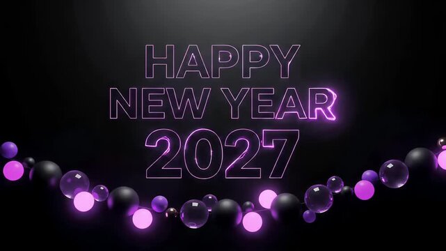 happy new year 2027 neon text glowing purple light spheres 3d render loop background
