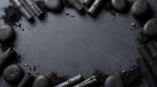 Top view flat lay activated bamboo charcoal powder and black spa stones frame on dark background with copy space