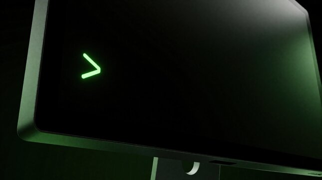 Close up of computer monitor with glowing green cursor on black screen. Command line terminal prompt displays text interface for coding. Software developer uses shell console for programming, system