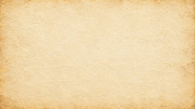 Vintage aged parchment paper texture with warm beige and yellow tones, distressed brown edges and subtle natural fibers, antique blank background with copy space for historical documents and designs