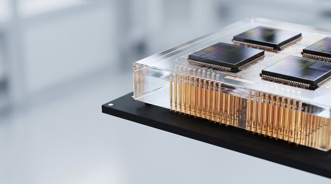 Glass Core Substrate and Chiplet Interposer with Copper Vias 3D Illustration