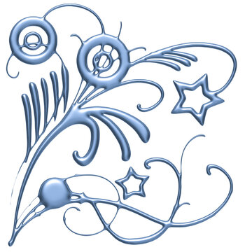 Y2K Frutiger Metro 3D Chrome Blue Metallic Vine Floral Star Swirl Element PNG