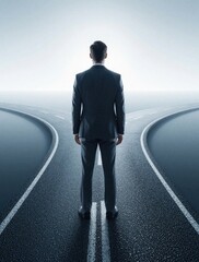 Plakat Businessman in formal suit stands on asphalt road at fork. Male pro looks at two diverging paths ahead. Concept of strategic decision making, leadership choice, career direction. Man contemplates