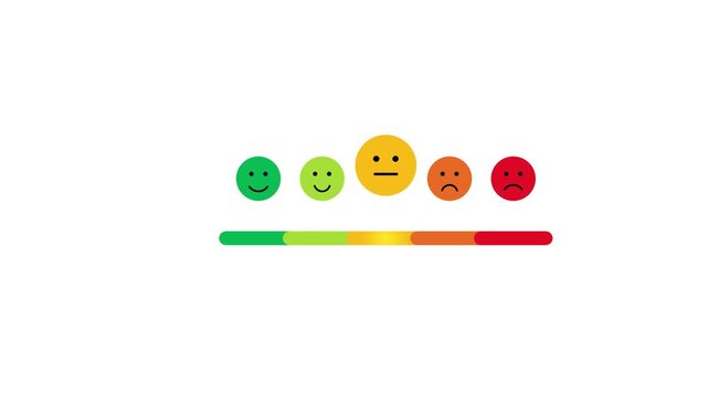 Customer satisfaction rating animation with five colorful emoji icons and progress bar for business feedback surveys on white background.