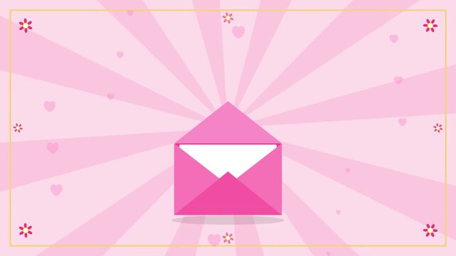 Animated pink romantic envelope opening with a white heart letter on a sunburst background decorated with floating hearts and flowers.