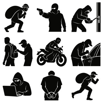 Black Criminal Activity Silhouette Icons Collection with Theft Robbery Burglary and Cybercrime Concepts
