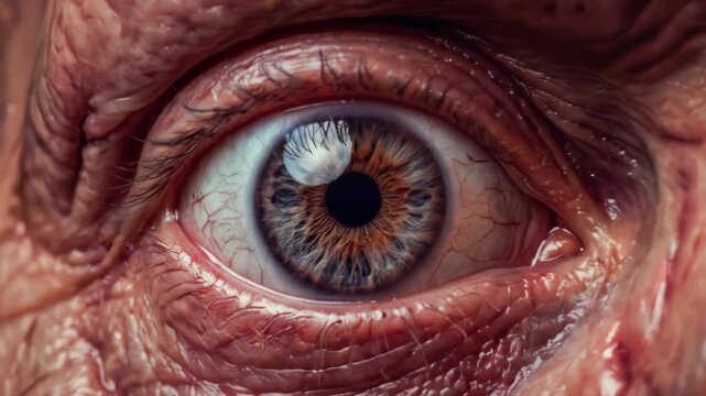 Extreme close-up of a horrifying zombie face with zooming to eye