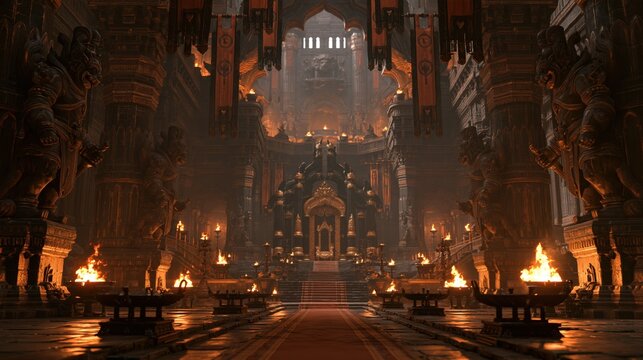 Vast palace hall with carved pillars and fire braziers