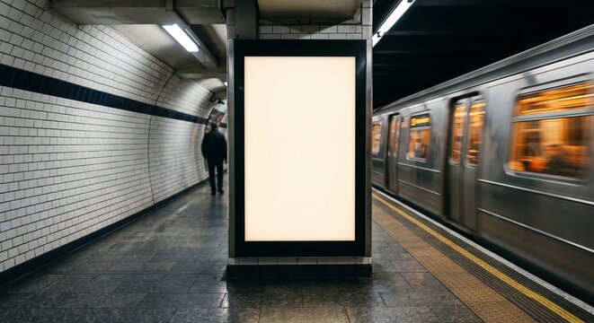 Illuminated vertical advertising lightbox mockup on a subway platform with blank pale cream poster board, glossy tiles, and passing train.